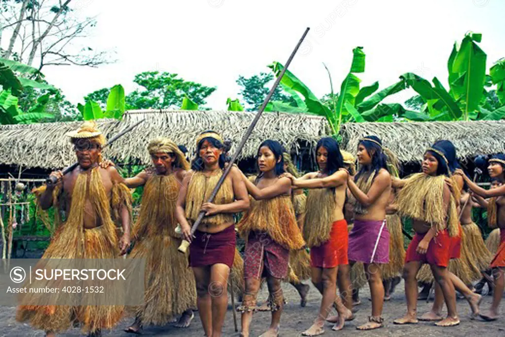 Iquitos, Peru, Amazon Jungle, A Yagua Tribe does a cermonial dance in their village square.