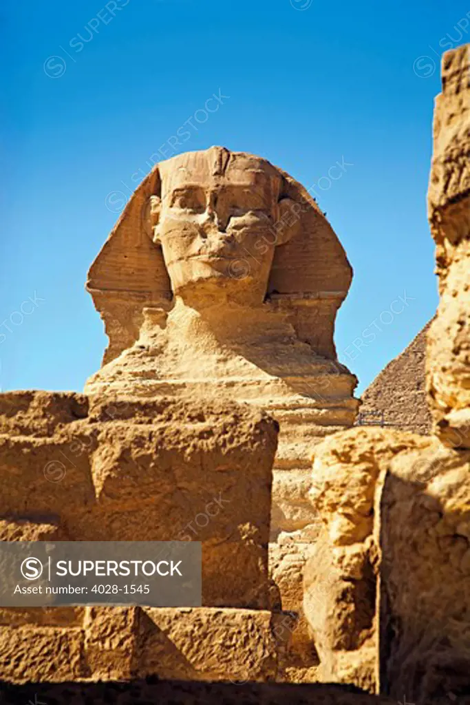 Egypt, Cairo, Giza, The Sphinx and Chefren Pyramid.