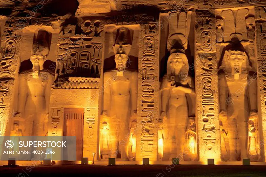 Egypt, Abu Simbel, The temple of Hathor and Nefertari, also known as the Smaller Temple, during the Sound and Light Show.