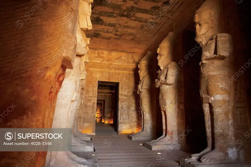 Egypt, Abu Simbel, The Greater Temple, Statues line the entrance inside the Temple.
