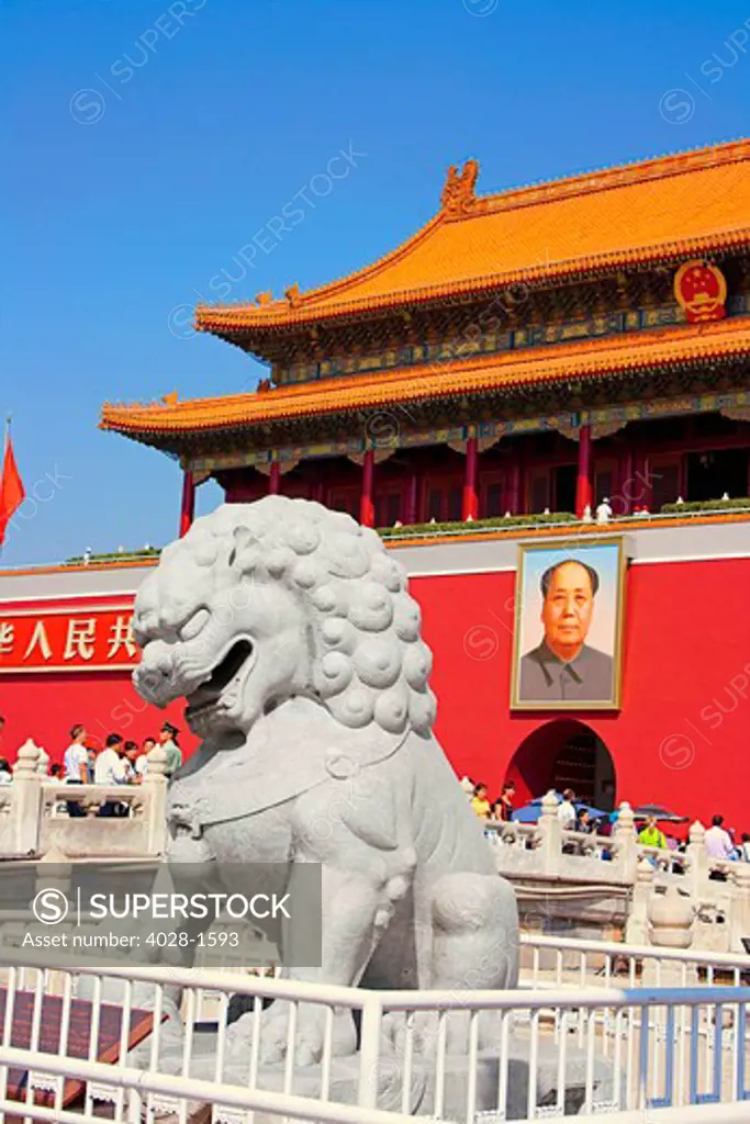 China, Beijing, The Forbidden City, Gate of Heavenly Peace, formidable stone lion guarding the entrance at the North Gate.