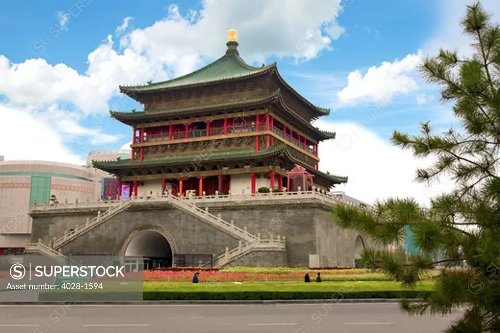 The Bell Tower in Central Xian, China. Standing at the crossing of the East, West, South, and North avenues in city proper, the Bell Tower has been a symbol of Xi'an. Originally built in 1348, over 600 years ago.