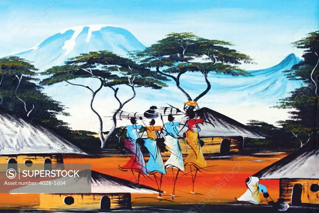 A painting of women working in a Maasai Village at the foot of Mt. Kilimanjaro, Tanzania