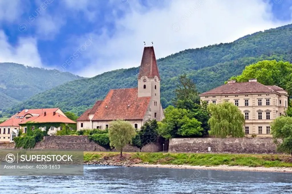 The Danube river and the village of Weissenkirchen, Wachau Lower Austria