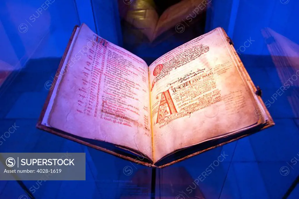 Austria, Lower Austria, Melk. Saint Benedict's rule Austria manuscript is proteted in a glass case at Melk Abbey, Wachau Valley