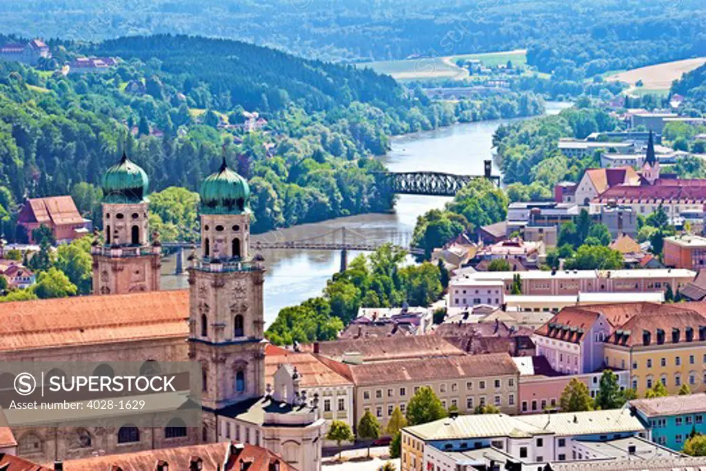 Passau, Bavaria, Germany, aerial view of Old Town and the Cathedral of St. Stephan from Veste Oberhaus castle