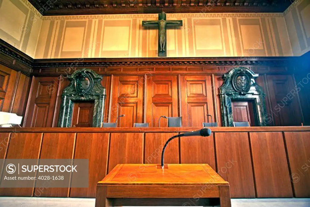 Nuremberg, Germany, the speaker's podium in courtroom 600, the location of the Nuremberg Nazi Trials, 1945-1946.