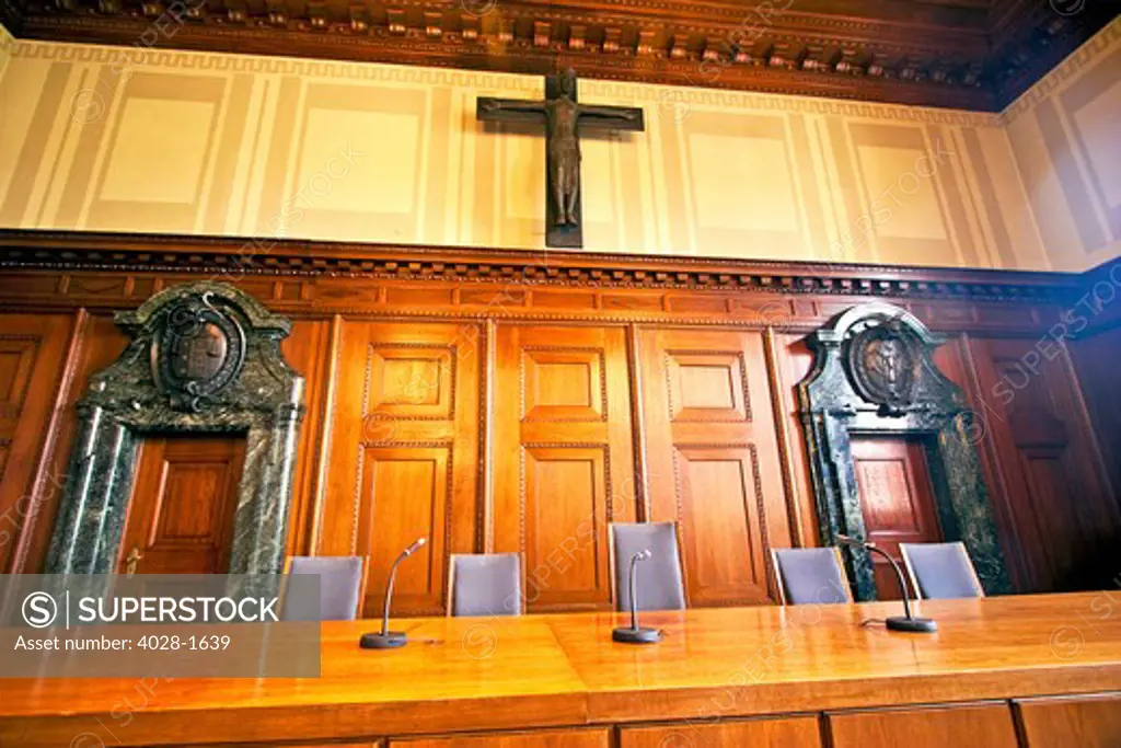 Nuremberg, Germany, the judge's bench in courtroom 600, the location of the Nuremberg Nazi Trials, 1945-1946.