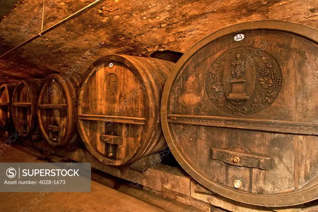 Wurzburg, Bavaria, Germany, Wine barrels at the Staatlicher Hofkeller wine cellar at the Wurzburg Residenz