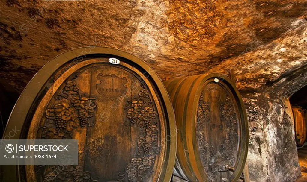 Wurzburg, Bavaria, Germany, Ornate wine barrels at the Staatlicher Hofkeller wine cellar at the Wurzburg Residenz