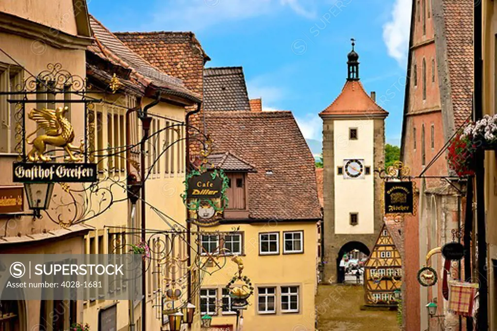 Rothenburg ob der Tauber, Germany, a viw of the old town with Cross Timbered Houses and a clock tower