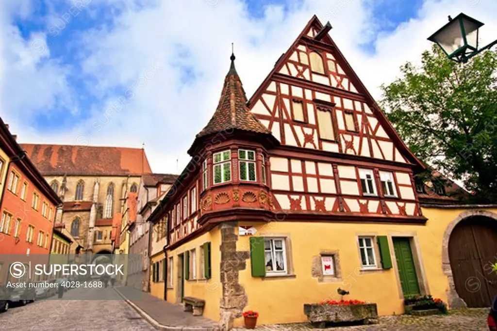 Rothenburg ob der Tauber, Germany, a viw of the old town with Cross Timbered Houses and a clock tower