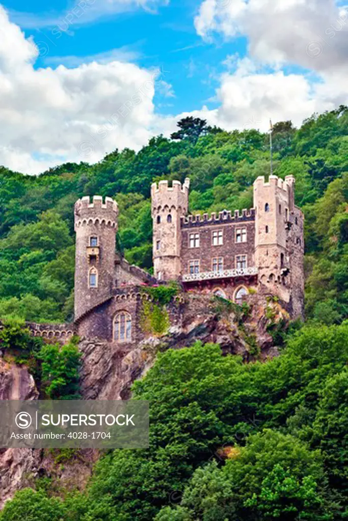 Rheinland-Pflaz, Germany, Castle  Rheinstein stands on a cliff looking down to the Rhine River Valley