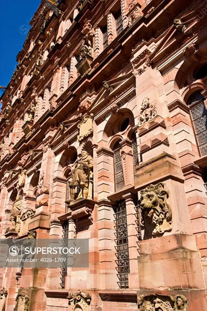 Heidelberg, Germany, Heidelberg Castle, Heidelberger Schloss, the facade of castle entrance dominates above the city of Heidelberg