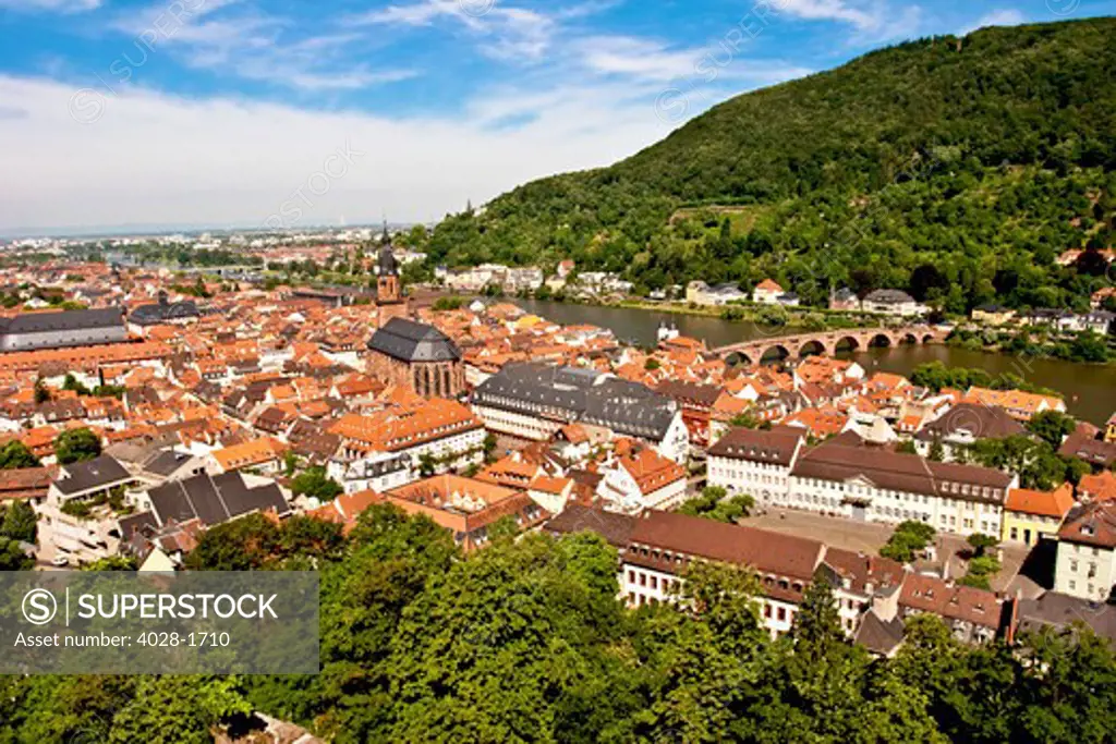 Heidelberg, Germany, a view of the city and the Neckar River from Heidelberg Castle, Heidelberger Schloss