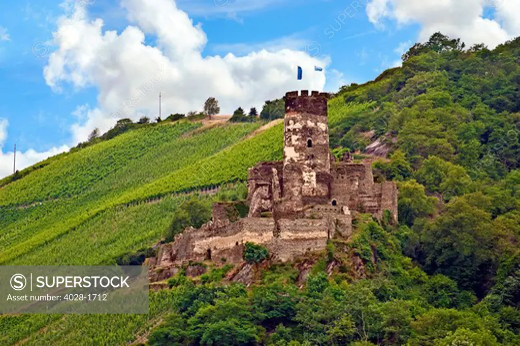 Germany, Rheindiebach, Rhine, Rhineland-Palatinate, Furstenberg castle ruins above the Rhine River