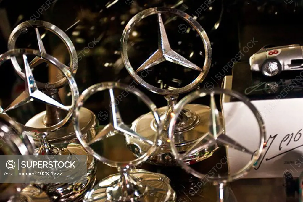 Stuttgart, Germany, Mercedes-Benz Museum, various metal mercedes hood ornaments