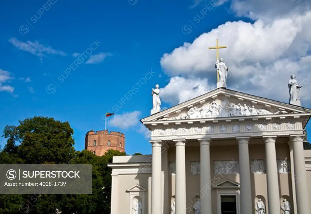 Lithuania, Lietuva, Vilnius, Baltic States, Arch-Cathedral Basilica with Gediminus tower in the background at Cathedral Square