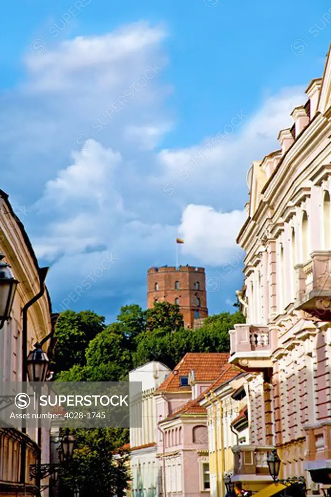 Lithuania, Lietuva, Vilnius, Baltic States, A view of Gediminus tower from Pilias Street in Old Town Vilnius