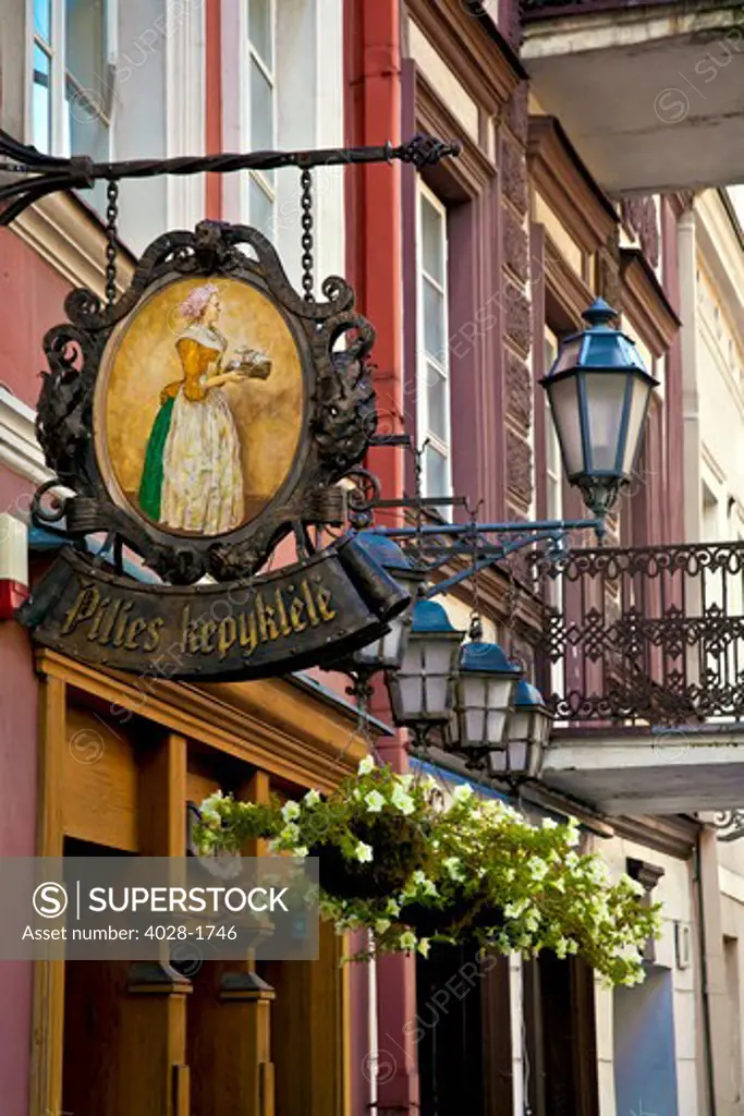 Lithuania, Lietuva, Vilnius, Baltic States, an old sign for Pilies kepyklele, a tavern on the historic Pilias Street in Old Town Vilnius.