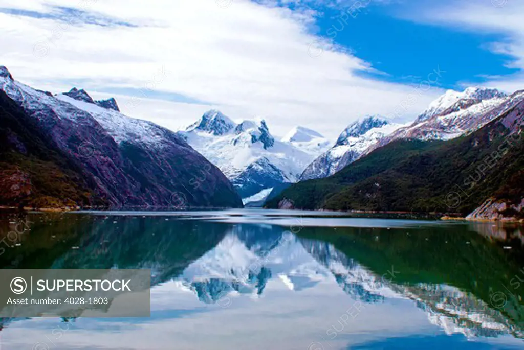 Beagle Channel, Snow covered mountain range, Martial Mountains, Darwin National Park, Tierra del Fuego, Patagonia, Chile, South America