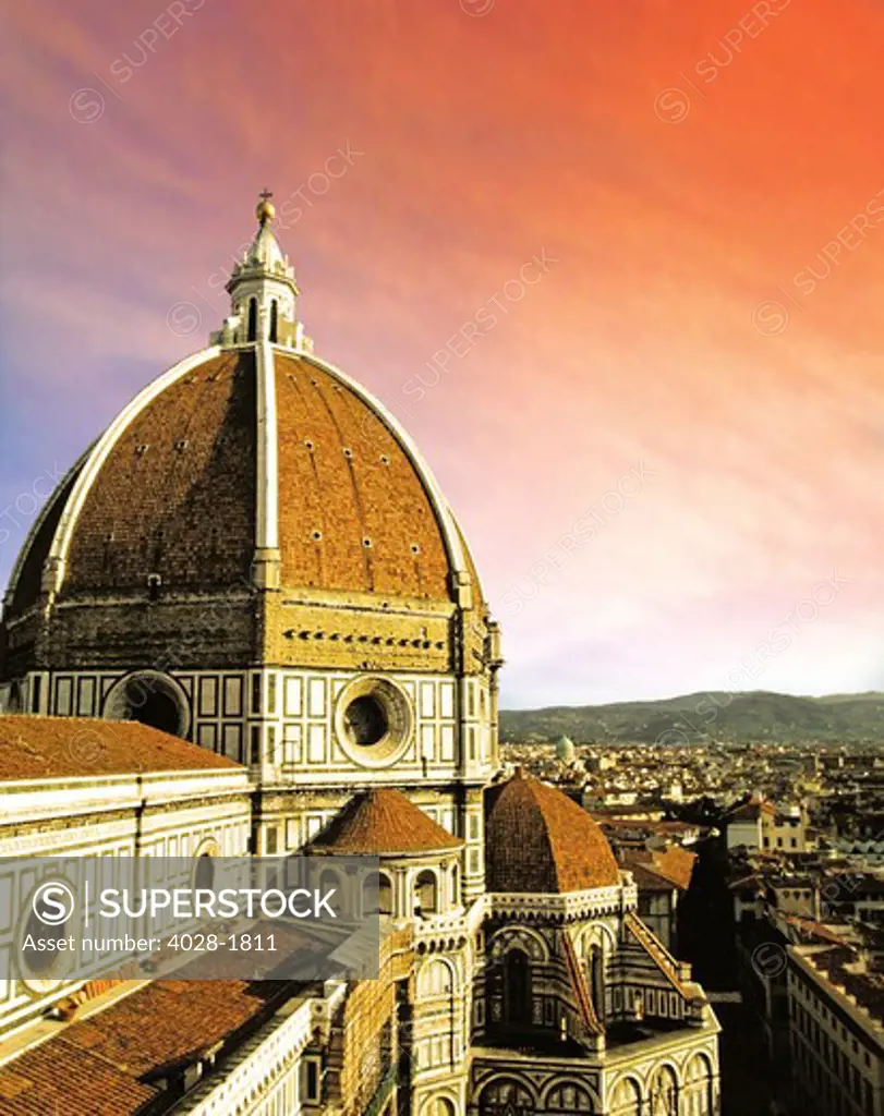 High angle view of a cathedral, Duomo Santa Maria Del Fiore, at sunset Florence, Tuscany, Italy