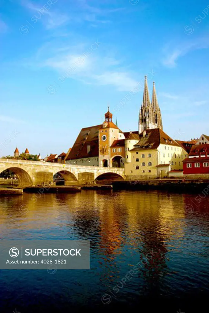 Germany , Regensburg, Old Town Skyline with St. Peter's Cathedral and Danube River