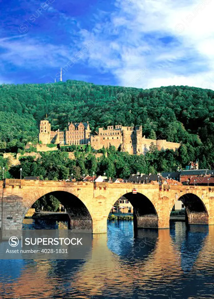 Heidelberg, Germany, Heidelberg Castle, Heidelberger Schloss, sits above the city of Heidelberg and the Neckar River and Alte bridge