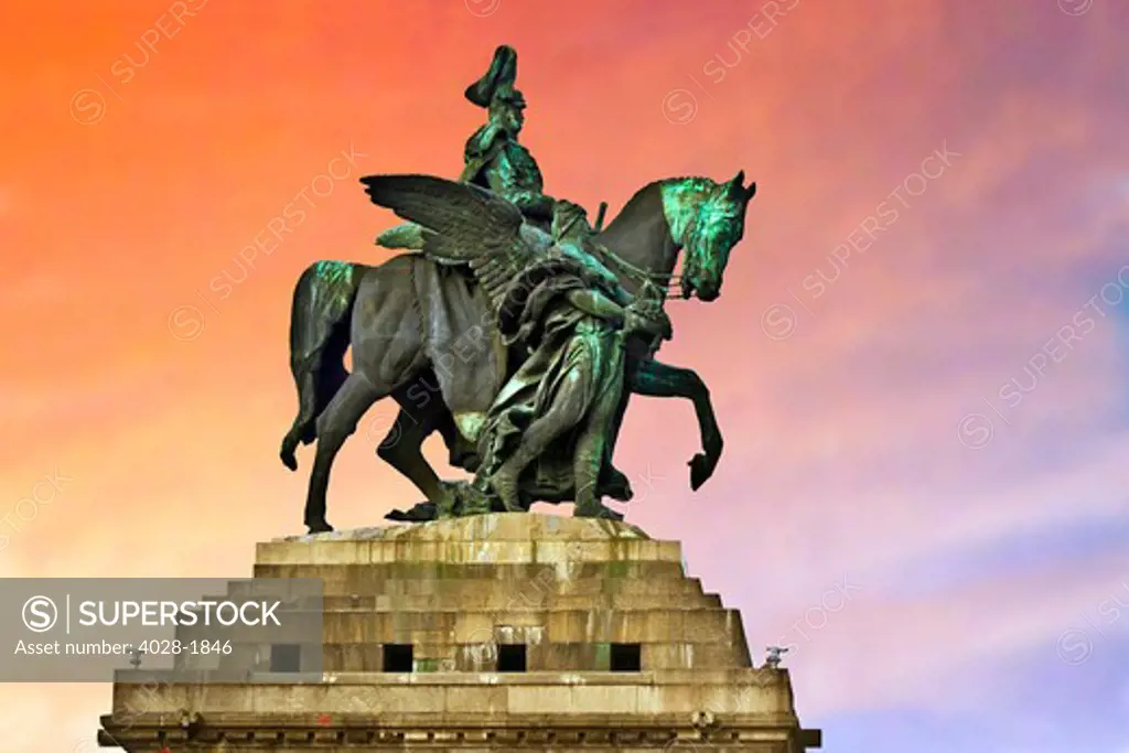 Koblenz, Germany, The Monument at the German Corner, Deutsches Eck, Where the Rhine River meets the Moselle River. The statue on horseback is of German Emperor William I at sunset.