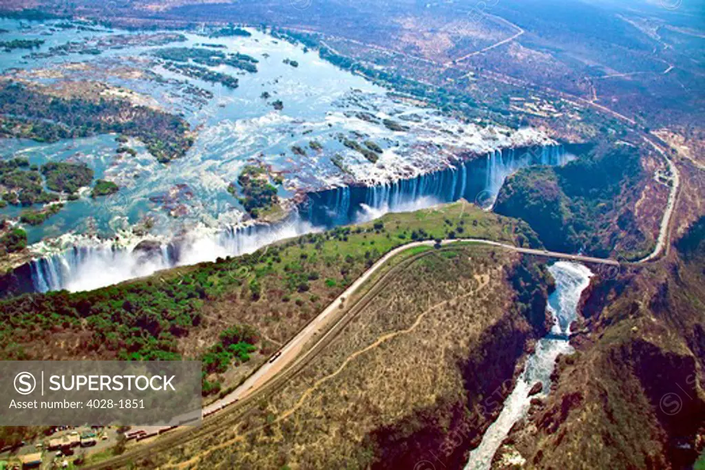 Aerial view of Victoria Falls, Waterfall, and the Zambesi River, Zimbabwe, Africa. On the Zambia-Zimbabwe Border