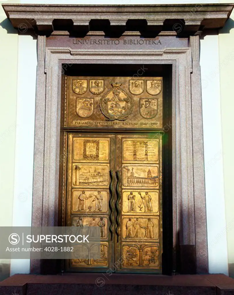 Decorated door of the University of Vilnius library in historic old town Vilnius, capital of Lithuania, Baltic