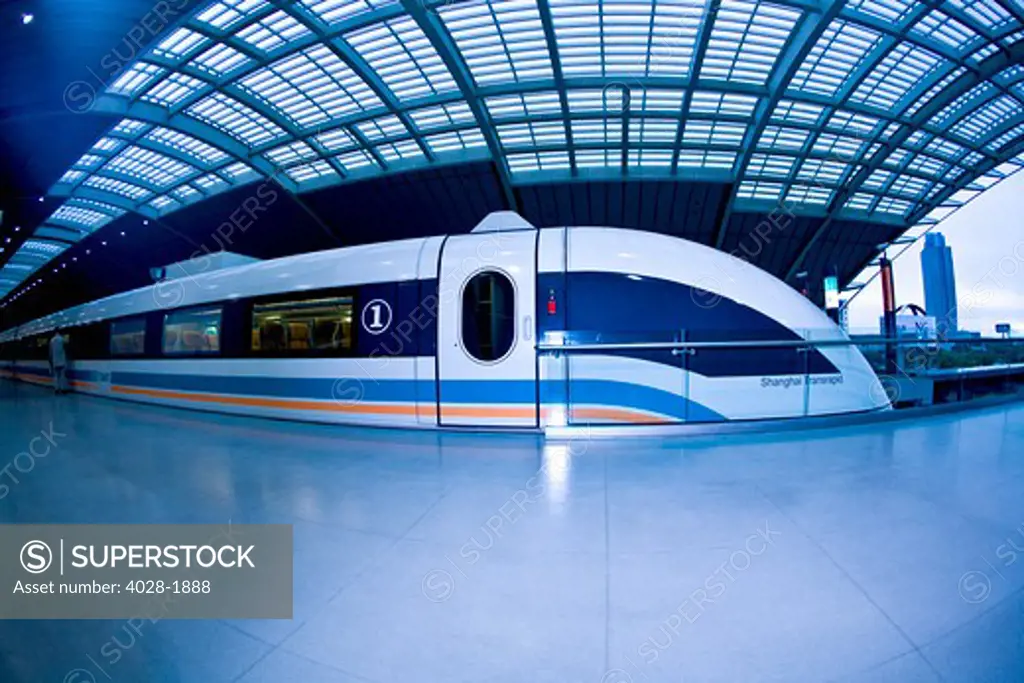 The Maglev train, the fastest train in the world with a maximum speed of 430 km an hour, from Pudong International Airport to the Long Yang Road subway station, Shanghai, China, Asia