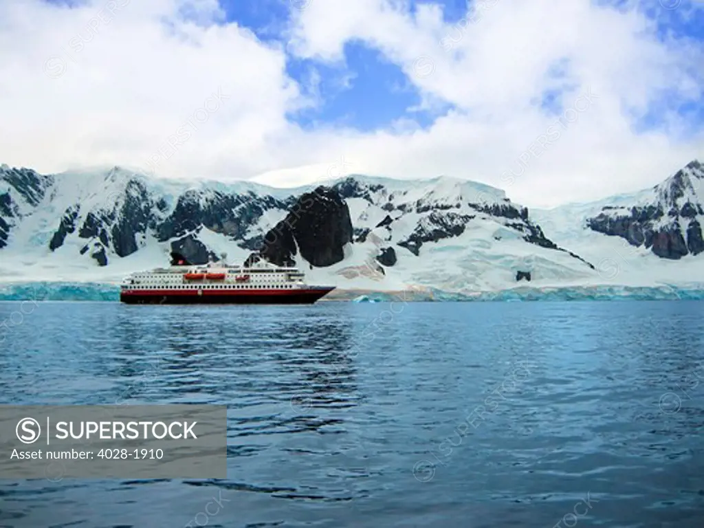 A cruise ship anchored in Neko Harbor, Gerlache Strait, Antarctic Peninsula, Antarctica, Polar Regions