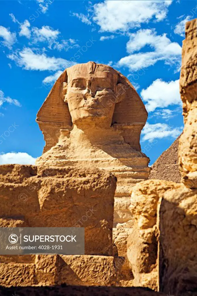 Egypt, Cairo, Giza, The Sphinx and Chefren Pyramid.