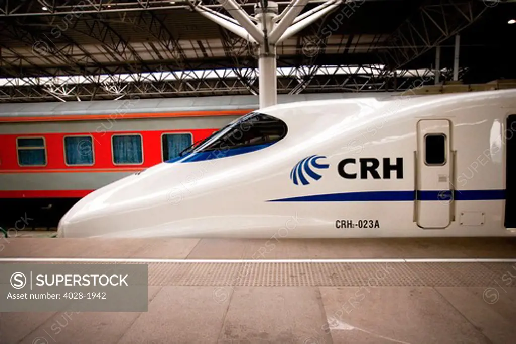 China, Shanghai, China Railways CRH2 operates from Shanghai-Hangzhou and Shanghai-Nanjing with a top operational speed of 250 km/h or 155 mph
