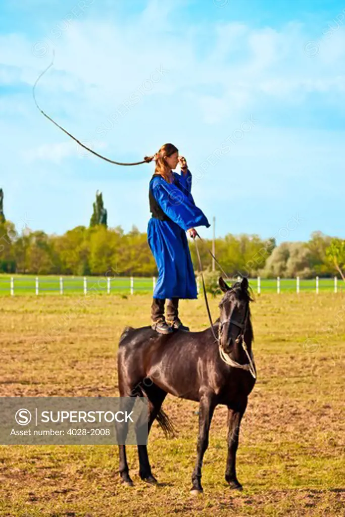 Hungary, Kalocsa, female Csikos Hungarian horse rider, standing on a horse as she demonstrates prowess with her whip