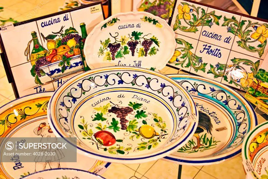 Sorrento, Italy, a collection of hand painted ceramic dishes and tiles for the kitchen