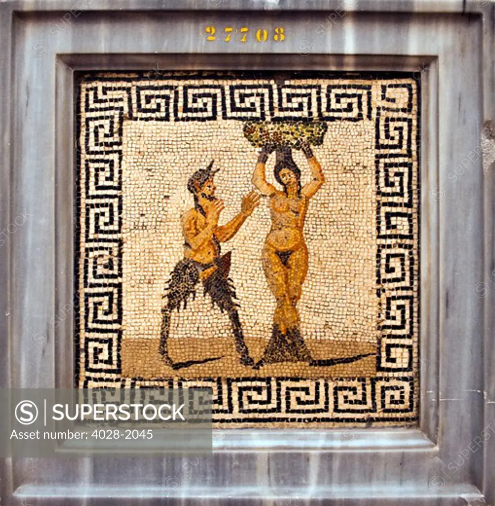 Erotic Tile Mosaic of Pan and Hamadryad from Pompeii in the Secret Cabinet of the National Archaeological Museum ,Naples, Italy