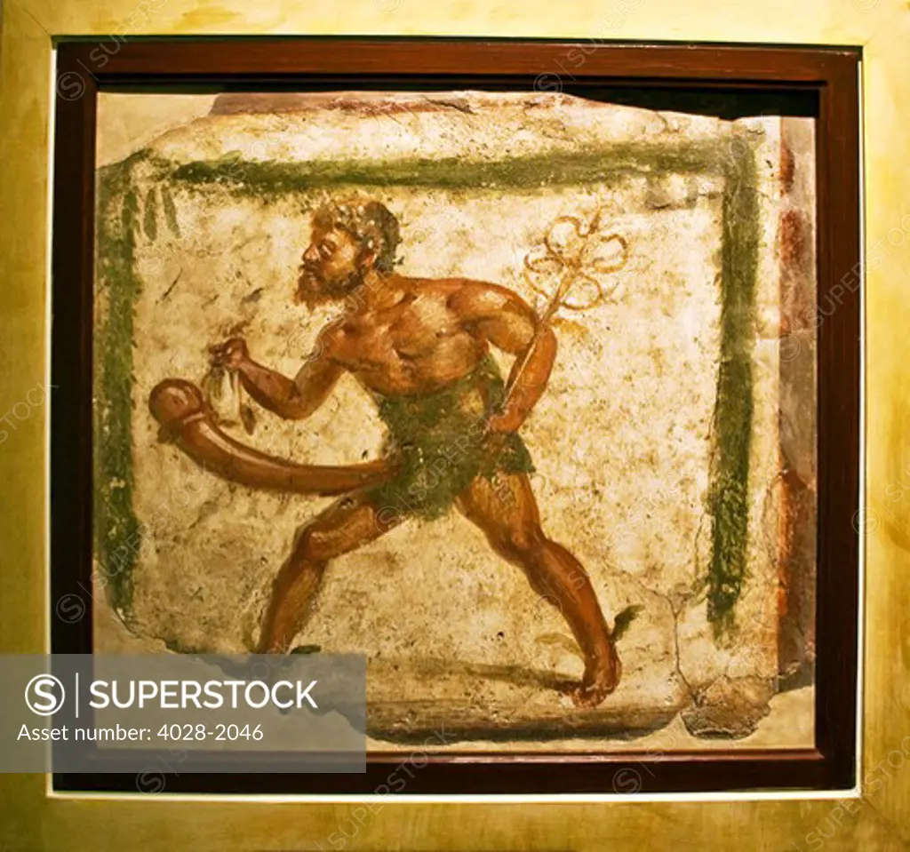 Priapus. Erotic fresco from Pompeii in the Secret Cabinet of the National Archaeological Museum (museo archeologico nazionale) in Naples, Italy.