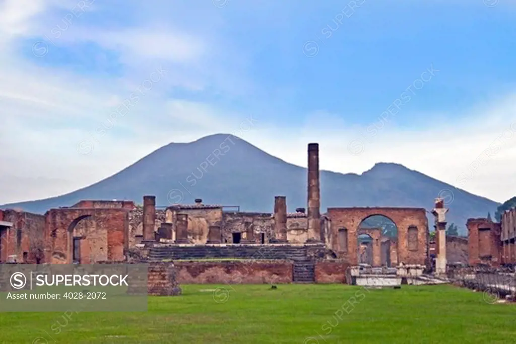 The ancient ruins of Pompeii, Italy, Campania, near Naples looking from the Forum to Mt. Vesuvius