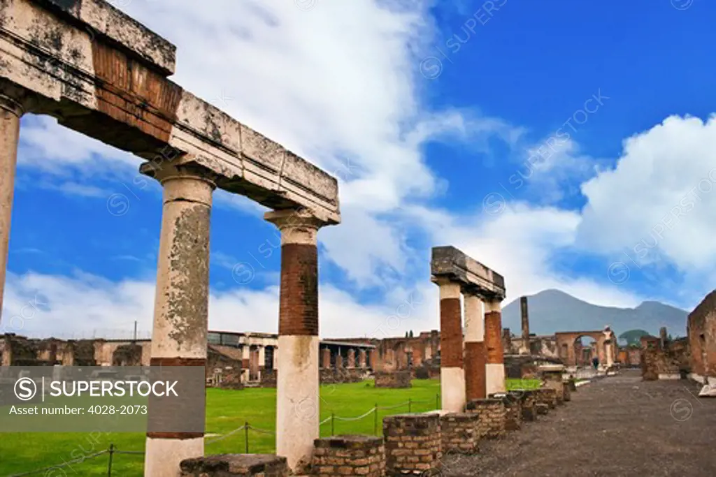 The ancient ruins of Pompeii, Italy, Campania, near Naples looking from the Forum to Mt. Vesuvius