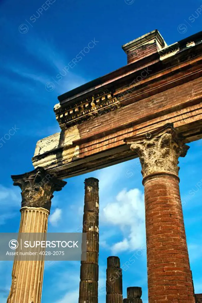 The ancient ruins of Pompeii, Italy, Campania, near Naples looking up at the pillars of the Forum