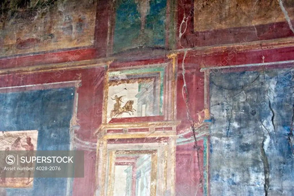 Hall of the Augustals, with frescoed walls amoung the ancient ruins of Pompeii, Italy, Campania, near Naples