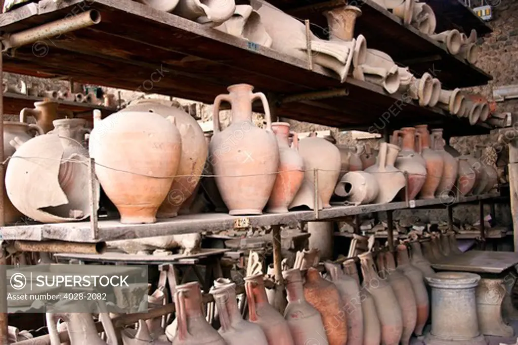 Unearthed jugs from the ancient ruins of the city of Pompei, Italy, Campania, near Naples