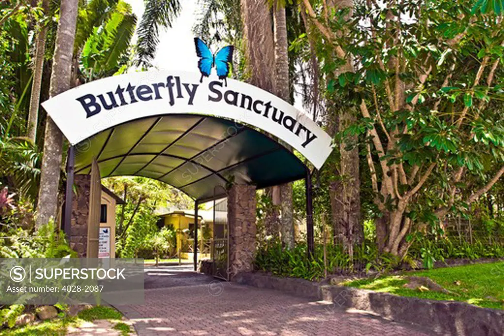 Australia, Queensland, North Coast, Kuranda. Entrance and sign for the Butterfly Sanctuary in Kuranda.
