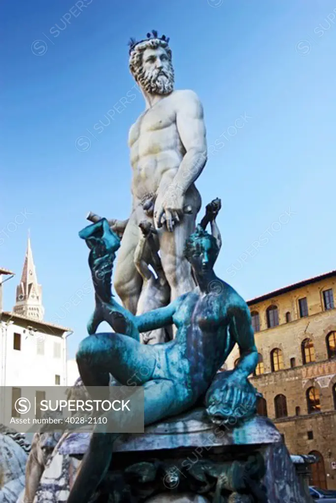 Neptune fountain with sculptures in the sunlight, Piazza della Signoria, Florence, Tuscany, Italy, Europe