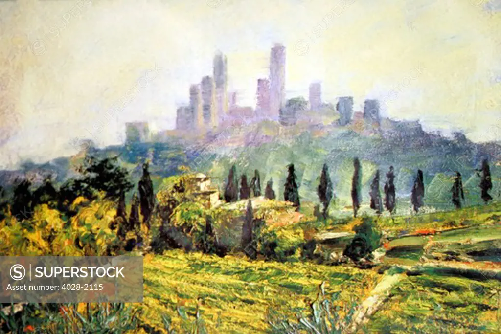 Impressionistic painting of Italy, Tuscany, San Gimignano, Medieval Town Skyline