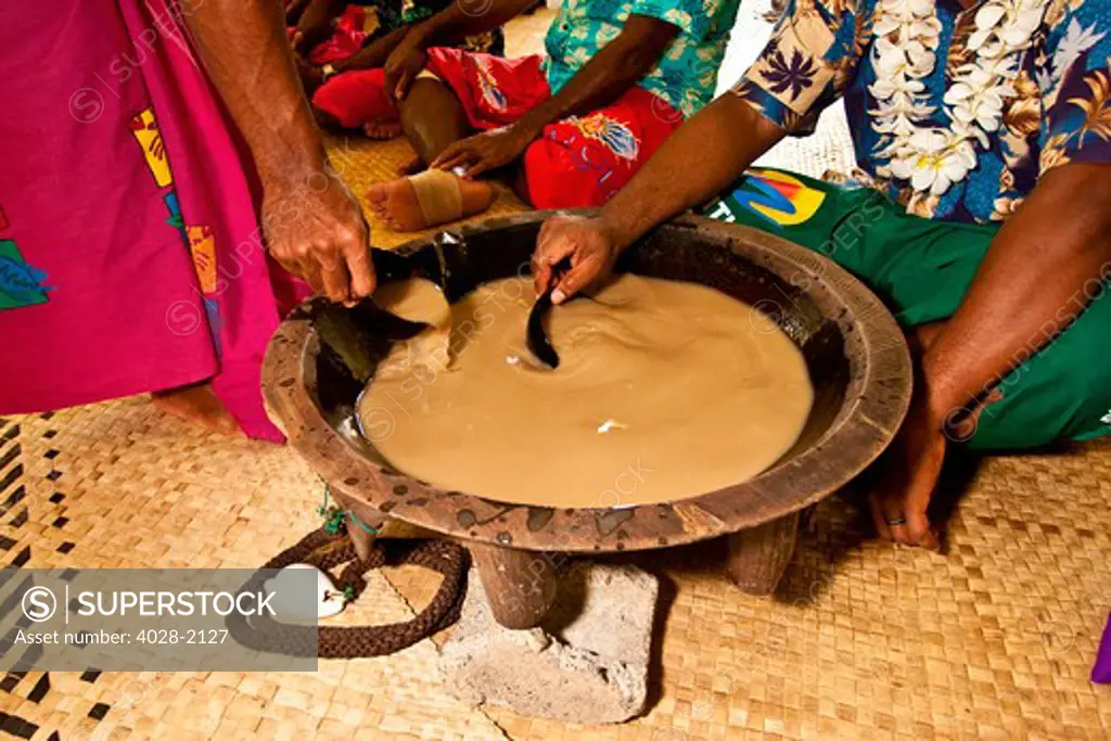 Navua, Fiji, Kava is mixed and served by native villagers during a traditional Kava tea ceremony