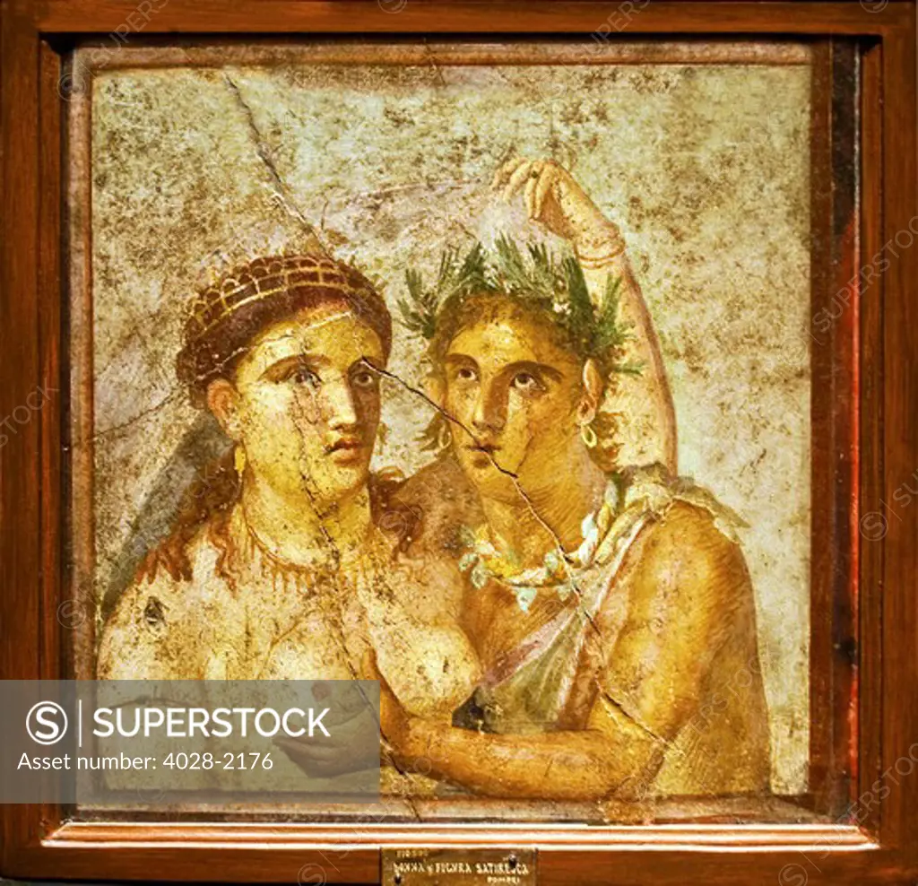Erotic painting from the ruins of Pompeii in the Archeological Museum of Naples, Campania, Italy (museo archeologico nazionale)