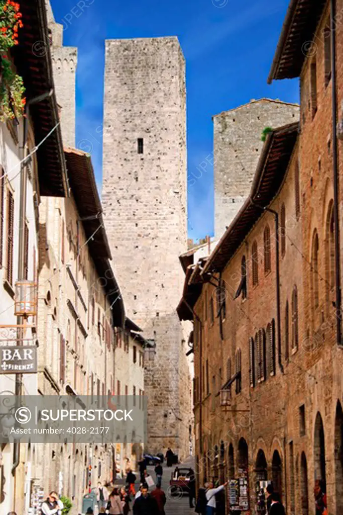 Becci de Cuganesi Tower Narrow Street Via San Giovani San Gimignano Tuscany Italy